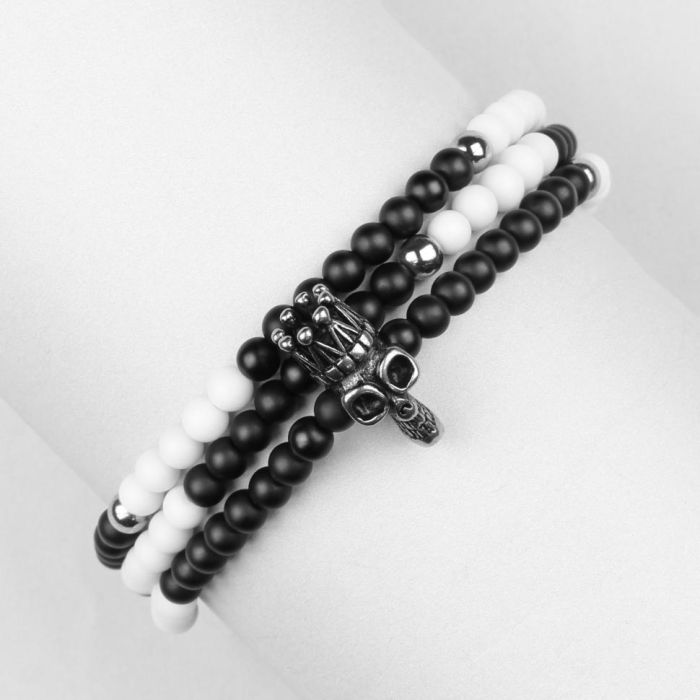 Men's three-turn agate and hematite rubber band bracelet Everiot Select LNS-2065 with skull