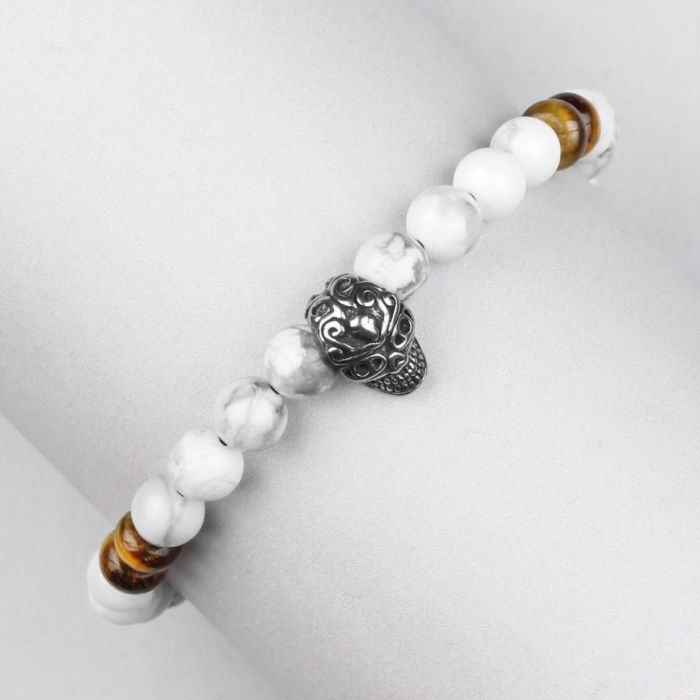 Men's bracelet made of cajolong and tiger eye stone on elastic band Everiot Select LNS-2062 with skull