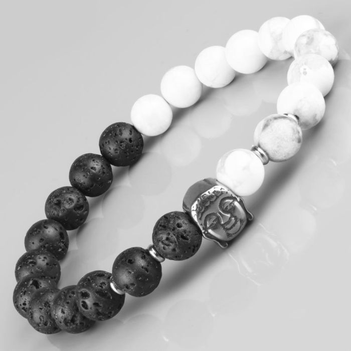 Black and white lava and cajolong rubber band bracelet with Buddha head Everiot Select LNS-2050