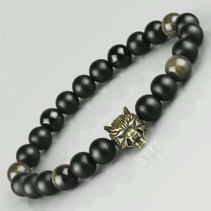 Black men's bracelet made of obsidian and agate with wolf head Everiot Select LNS-2048 on elastic band