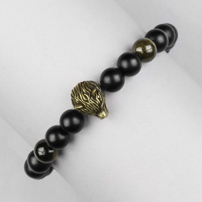 Black men's bracelet made of obsidian and agate with wolf head Everiot Select LNS-2048 on elastic band