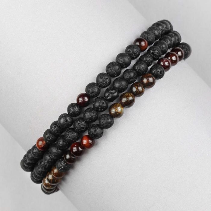 Everiot Select LNS-2031 handmade triple turn bracelet made of bronzite, lava and garnet