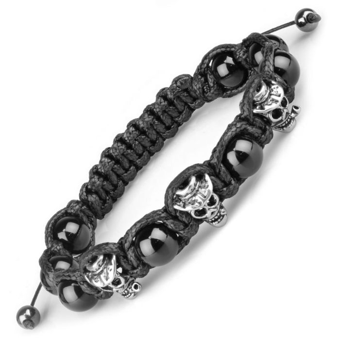 Men's Braided Shambhala Bracelet Everiot Select LNS-2081 made of Black Agate with Skulls